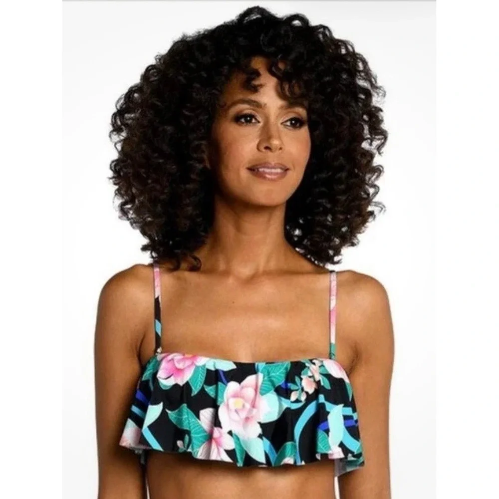 NWT La Blanca Midnight Tropics Ruffle Bandeau Bikini Top Black Floral UPF 50+